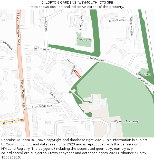 5, LORTON GARDENS, WEYMOUTH, DT3 5FB: Location map and indicative extent of plot