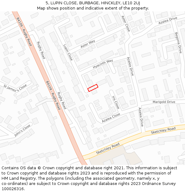 5, LUPIN CLOSE, BURBAGE, HINCKLEY, LE10 2UJ: Location map and indicative extent of plot