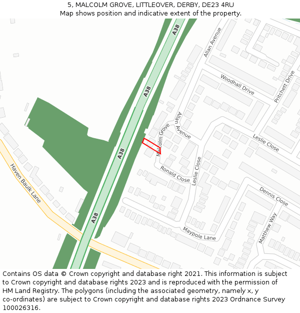 5, MALCOLM GROVE, LITTLEOVER, DERBY, DE23 4RU: Location map and indicative extent of plot