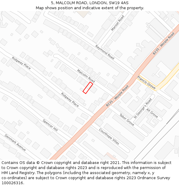 5, MALCOLM ROAD, LONDON, SW19 4AS: Location map and indicative extent of plot