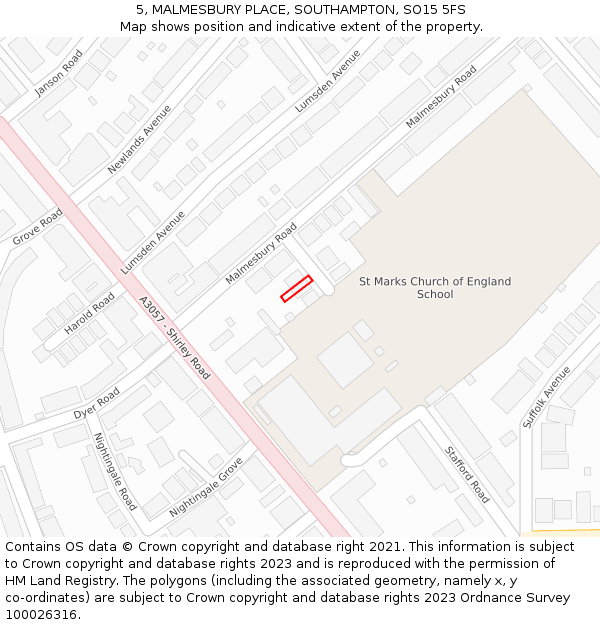 5, MALMESBURY PLACE, SOUTHAMPTON, SO15 5FS: Location map and indicative extent of plot