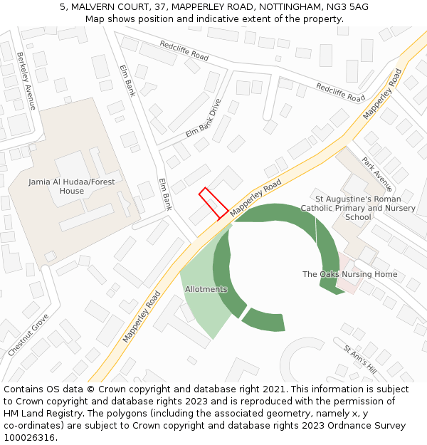 5, MALVERN COURT, 37, MAPPERLEY ROAD, NOTTINGHAM, NG3 5AG: Location map and indicative extent of plot