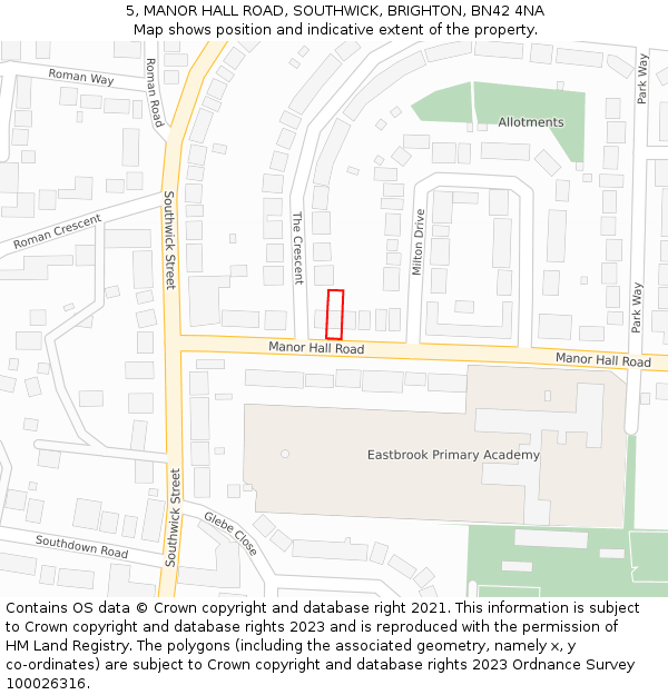 5, MANOR HALL ROAD, SOUTHWICK, BRIGHTON, BN42 4NA: Location map and indicative extent of plot