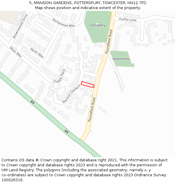 5, MANSION GARDENS, POTTERSPURY, TOWCESTER, NN12 7FD: Location map and indicative extent of plot