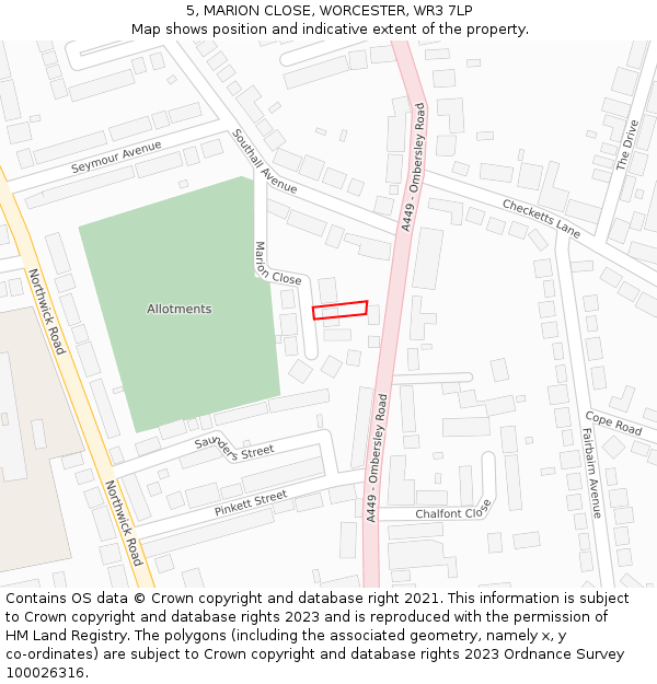 5, MARION CLOSE, WORCESTER, WR3 7LP: Location map and indicative extent of plot