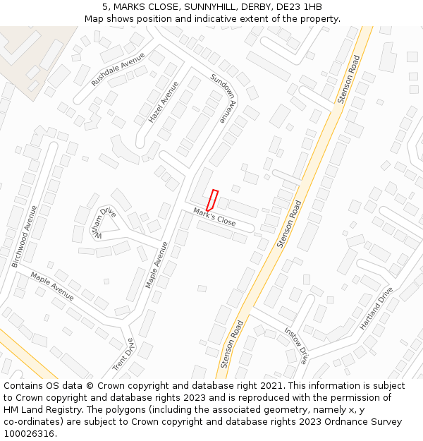 5, MARKS CLOSE, SUNNYHILL, DERBY, DE23 1HB: Location map and indicative extent of plot