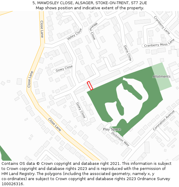 5, MAWDSLEY CLOSE, ALSAGER, STOKE-ON-TRENT, ST7 2UE: Location map and indicative extent of plot