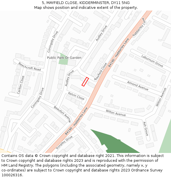 5, MAYFIELD CLOSE, KIDDERMINSTER, DY11 5NG: Location map and indicative extent of plot