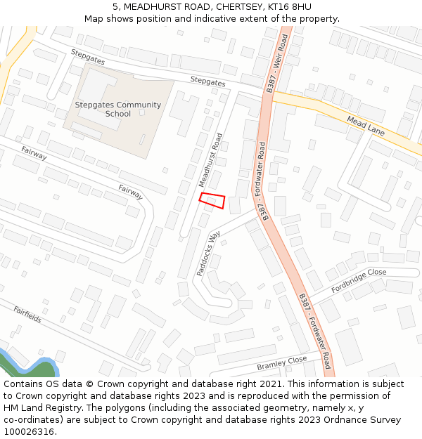 5, MEADHURST ROAD, CHERTSEY, KT16 8HU: Location map and indicative extent of plot