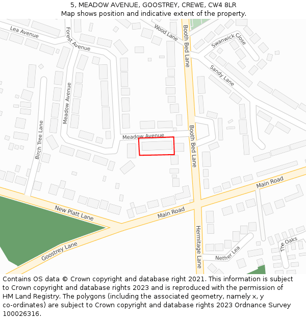 5, MEADOW AVENUE, GOOSTREY, CREWE, CW4 8LR: Location map and indicative extent of plot