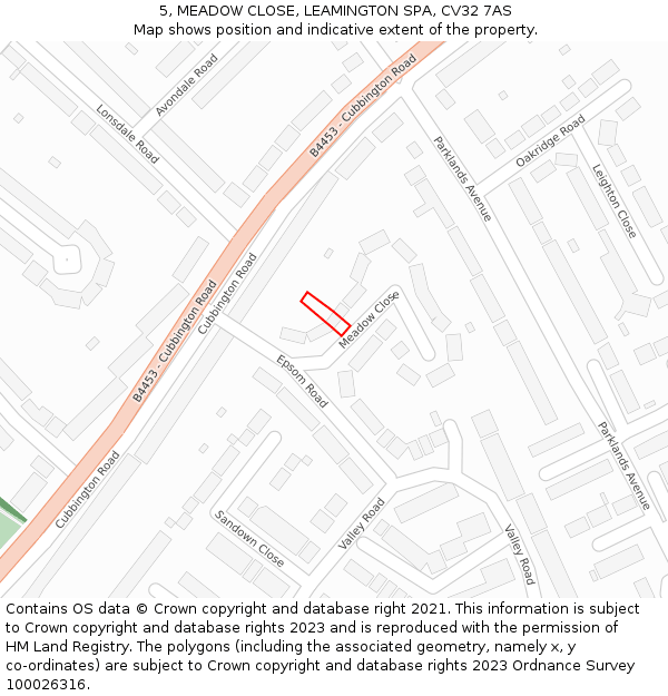 5, MEADOW CLOSE, LEAMINGTON SPA, CV32 7AS: Location map and indicative extent of plot