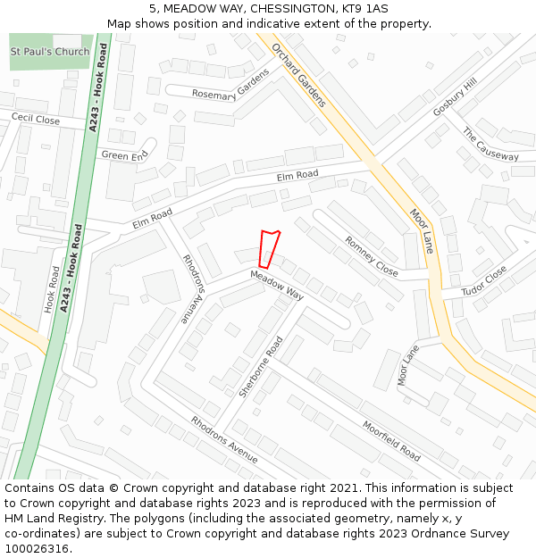 5, MEADOW WAY, CHESSINGTON, KT9 1AS: Location map and indicative extent of plot