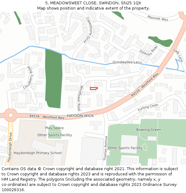 5, MEADOWSWEET CLOSE, SWINDON, SN25 1QX: Location map and indicative extent of plot