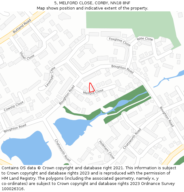 5, MELFORD CLOSE, CORBY, NN18 8NF: Location map and indicative extent of plot