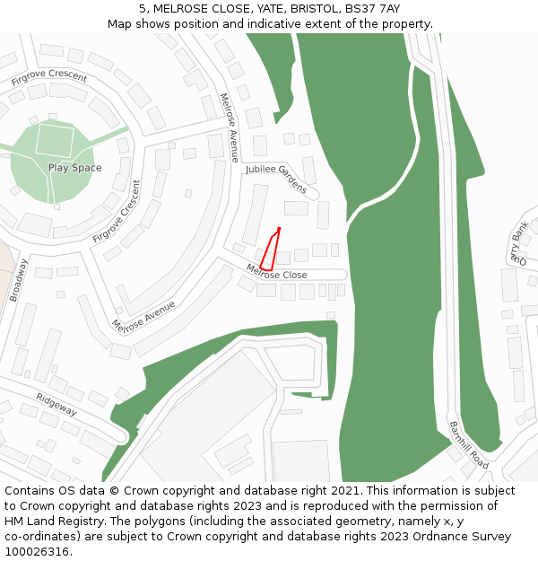 5, MELROSE CLOSE, YATE, BRISTOL, BS37 7AY: Location map and indicative extent of plot