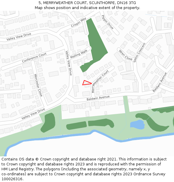 5, MERRYWEATHER COURT, SCUNTHORPE, DN16 3TG: Location map and indicative extent of plot