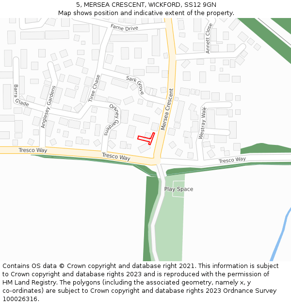5, MERSEA CRESCENT, WICKFORD, SS12 9GN: Location map and indicative extent of plot