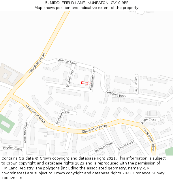 5, MIDDLEFIELD LANE, NUNEATON, CV10 9RF: Location map and indicative extent of plot