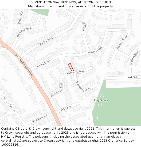 5, MIDDLETON WAY, RIDDINGS, ALFRETON, DE55 4DN: Location map and indicative extent of plot