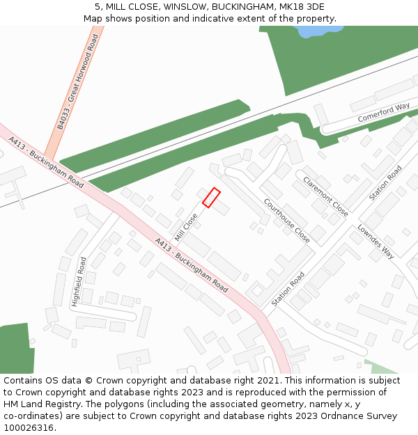 5, MILL CLOSE, WINSLOW, BUCKINGHAM, MK18 3DE: Location map and indicative extent of plot