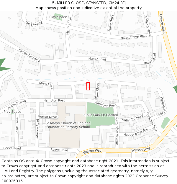 5, MILLER CLOSE, STANSTED, CM24 8FJ: Location map and indicative extent of plot