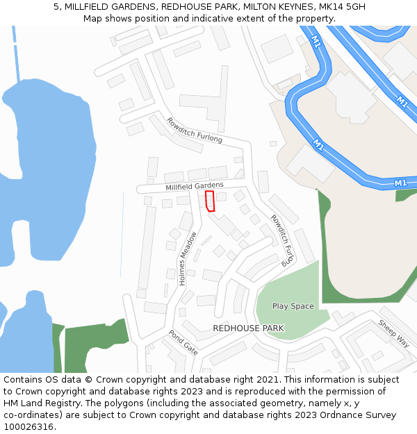 5, MILLFIELD GARDENS, REDHOUSE PARK, MILTON KEYNES, MK14 5GH: Location map and indicative extent of plot