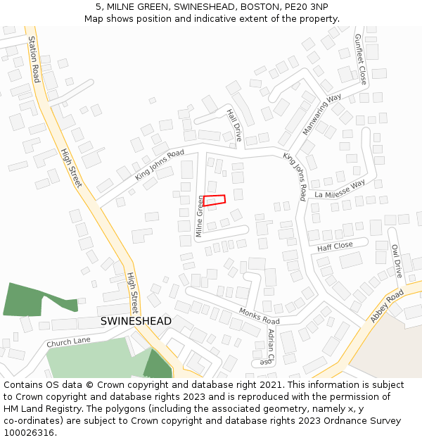 5, MILNE GREEN, SWINESHEAD, BOSTON, PE20 3NP: Location map and indicative extent of plot