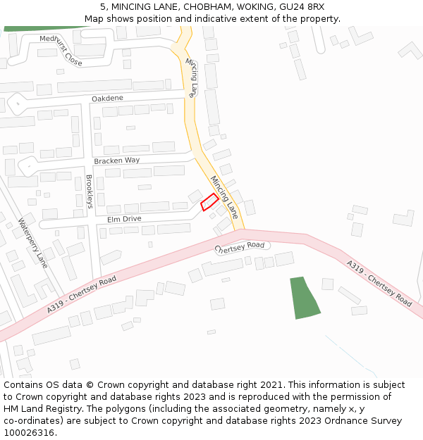 5, MINCING LANE, CHOBHAM, WOKING, GU24 8RX: Location map and indicative extent of plot