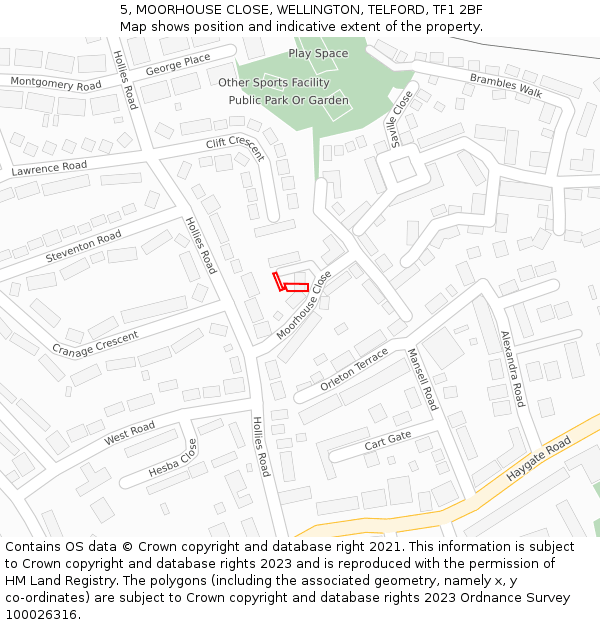 5, MOORHOUSE CLOSE, WELLINGTON, TELFORD, TF1 2BF: Location map and indicative extent of plot