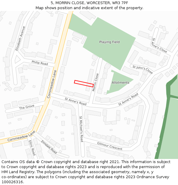 5, MORRIN CLOSE, WORCESTER, WR3 7PF: Location map and indicative extent of plot