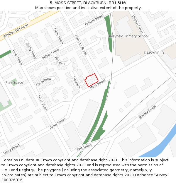 5, MOSS STREET, BLACKBURN, BB1 5HW: Location map and indicative extent of plot