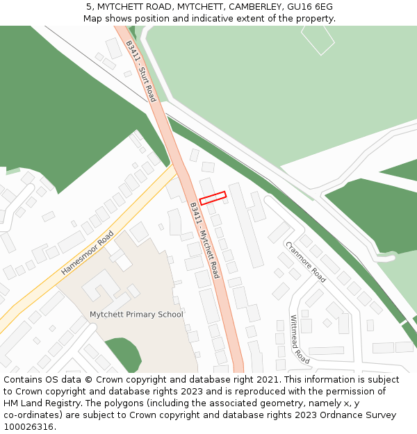 5, MYTCHETT ROAD, MYTCHETT, CAMBERLEY, GU16 6EG: Location map and indicative extent of plot