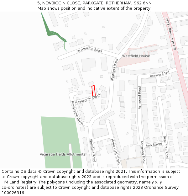 5, NEWBIGGIN CLOSE, PARKGATE, ROTHERHAM, S62 6NN: Location map and indicative extent of plot