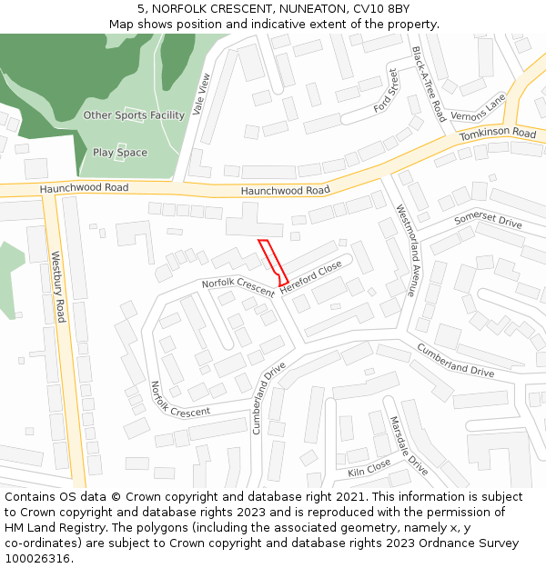 5, NORFOLK CRESCENT, NUNEATON, CV10 8BY: Location map and indicative extent of plot