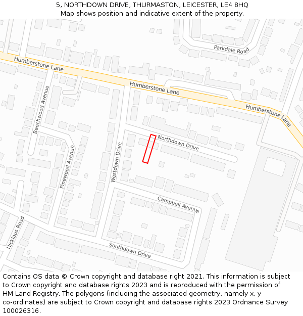 5, NORTHDOWN DRIVE, THURMASTON, LEICESTER, LE4 8HQ: Location map and indicative extent of plot