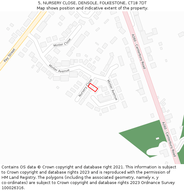 5, NURSERY CLOSE, DENSOLE, FOLKESTONE, CT18 7DT: Location map and indicative extent of plot