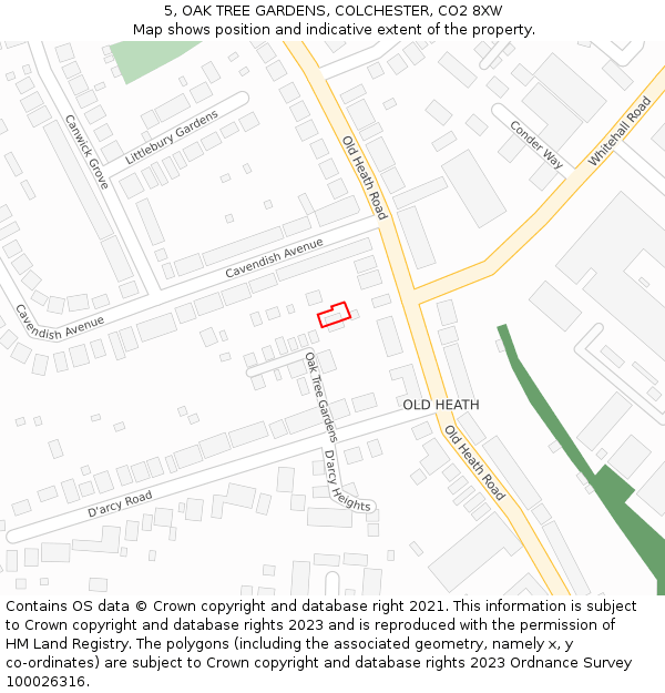 5, OAK TREE GARDENS, COLCHESTER, CO2 8XW: Location map and indicative extent of plot