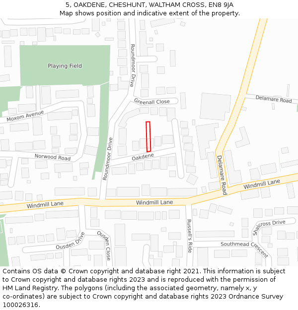 5, OAKDENE, CHESHUNT, WALTHAM CROSS, EN8 9JA: Location map and indicative extent of plot