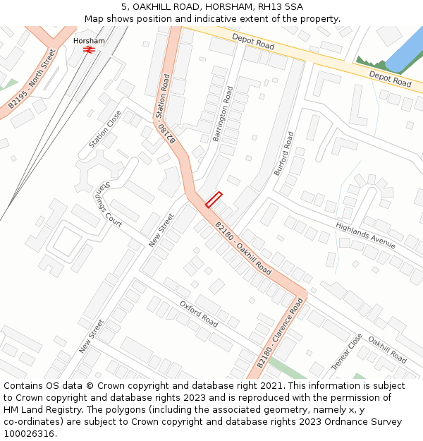 5, OAKHILL ROAD, HORSHAM, RH13 5SA: Location map and indicative extent of plot