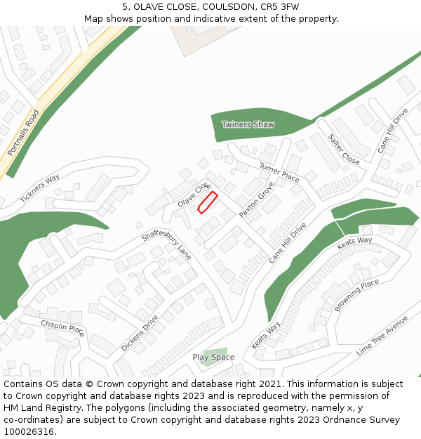 5, OLAVE CLOSE, COULSDON, CR5 3FW: Location map and indicative extent of plot