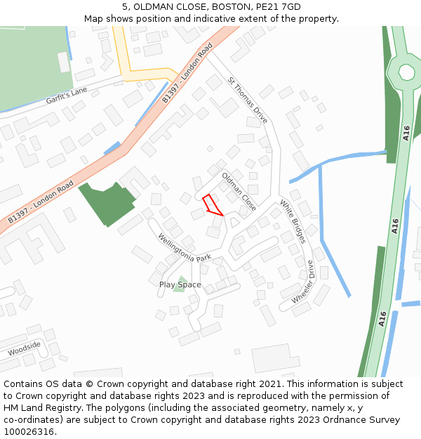 5, OLDMAN CLOSE, BOSTON, PE21 7GD: Location map and indicative extent of plot
