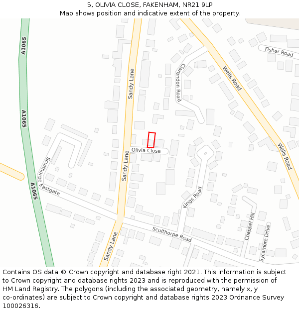 5, OLIVIA CLOSE, FAKENHAM, NR21 9LP: Location map and indicative extent of plot