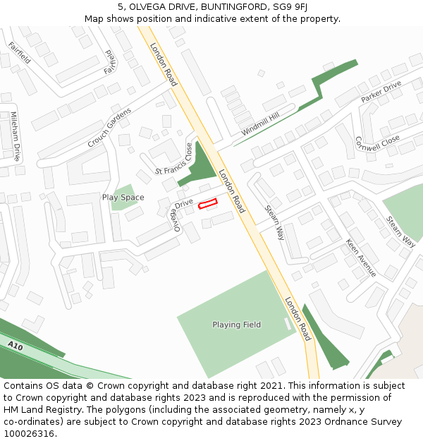 5, OLVEGA DRIVE, BUNTINGFORD, SG9 9FJ: Location map and indicative extent of plot