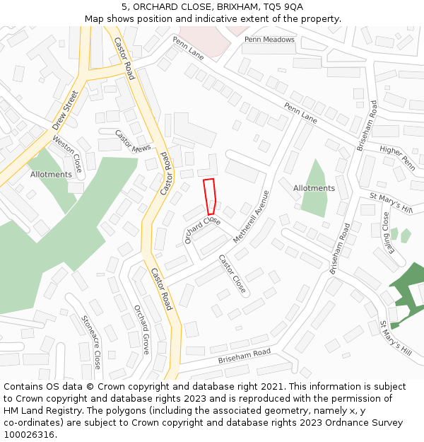 5, ORCHARD CLOSE, BRIXHAM, TQ5 9QA: Location map and indicative extent of plot