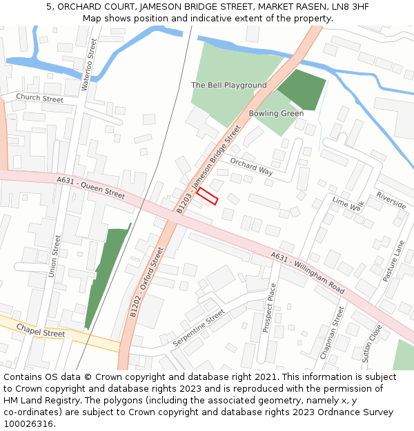 5, ORCHARD COURT, JAMESON BRIDGE STREET, MARKET RASEN, LN8 3HF: Location map and indicative extent of plot