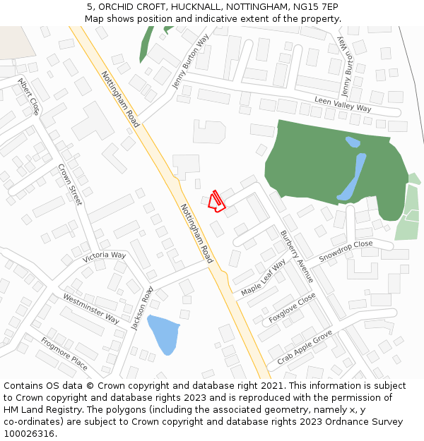 5, ORCHID CROFT, HUCKNALL, NOTTINGHAM, NG15 7EP: Location map and indicative extent of plot