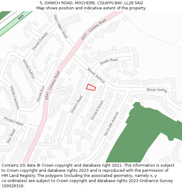 5, OXWICH ROAD, MOCHDRE, COLWYN BAY, LL28 5AG: Location map and indicative extent of plot