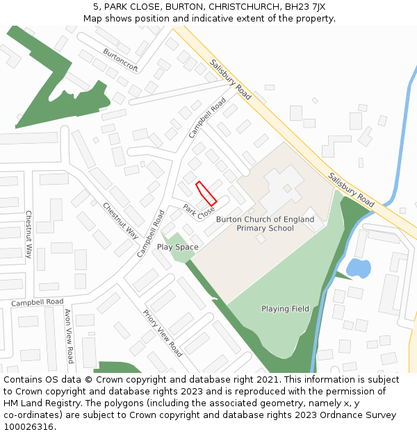 5, PARK CLOSE, BURTON, CHRISTCHURCH, BH23 7JX: Location map and indicative extent of plot