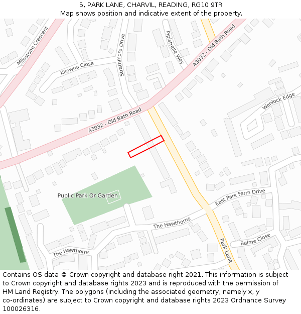 5, PARK LANE, CHARVIL, READING, RG10 9TR: Location map and indicative extent of plot