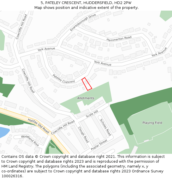 5, PATELEY CRESCENT, HUDDERSFIELD, HD2 2PW: Location map and indicative extent of plot